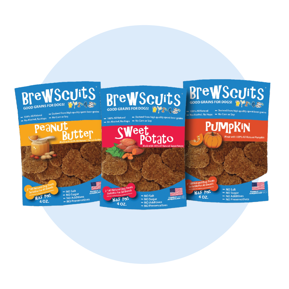 Brewscuits dog treats made with whole grains, including oats, barley, and rye, offering a nutritious snack option for dogs.